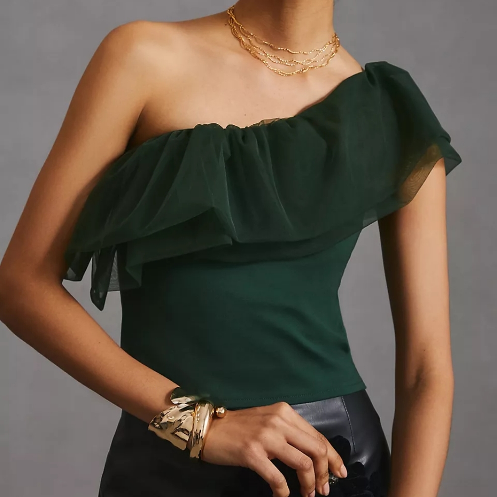 Anthropologie one shoulder slim fit crop tulle top, xs, green